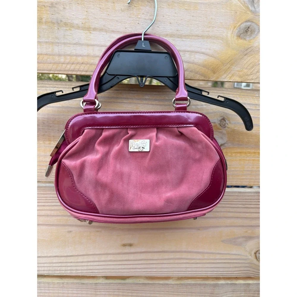Y2K Beijo Couture Satchel Handbag Mauve Patent Trim Ruched Faux Suede Frame 11in